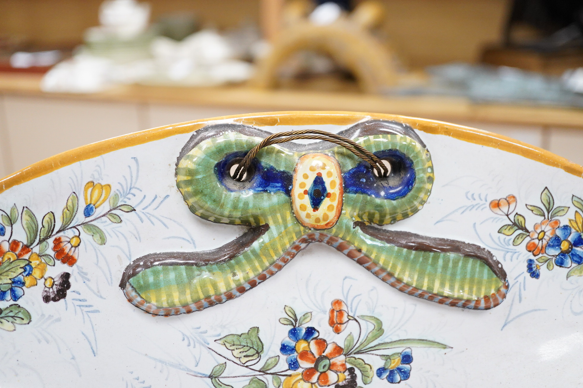 A large decorative hat shaped French faience planter, 26.5cm high